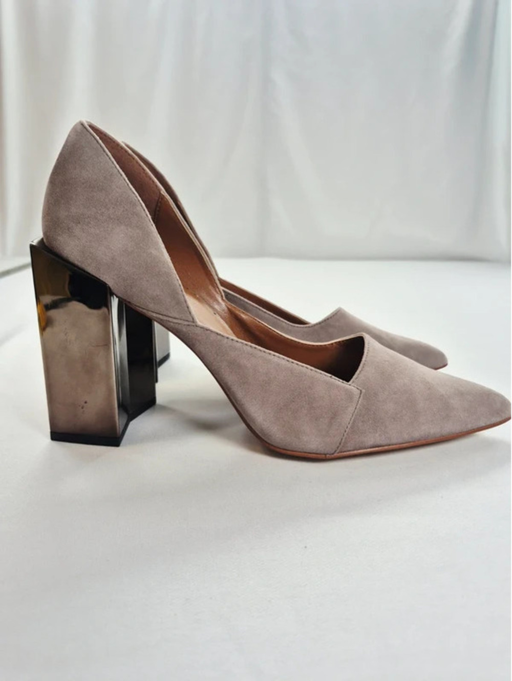 Halston Pheobe Suede Gray Mirrored Block Heel Pumps Shoes Womens 10M